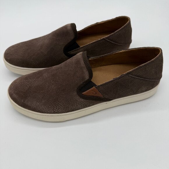NWOT Olukai Pehuea Leather Womens 11 Brown Suede Snake Print Slip-On Sneakers - Picture 5 of 8